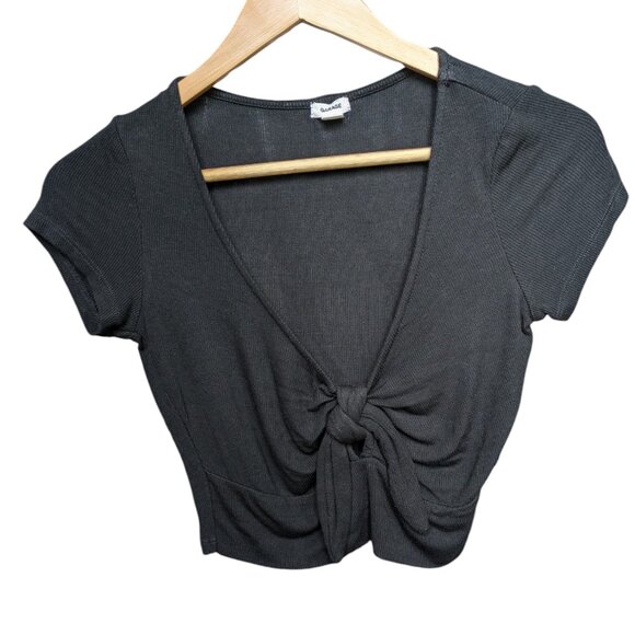 Garage Little V-Neck Black Ribbed Top with Front Bow Tie Women Size Medium - Picture 1 of 6